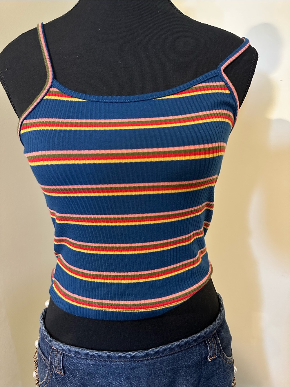 Striped Ribbed Blue Tank Top with Multicolor Accents